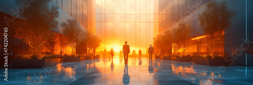 Open lobby-office space. . Modern architecture. Lots of natural light. Office workers walking - silhouette effect -high-end expensive business suits. Blurred image. Motion blur  - golden hour