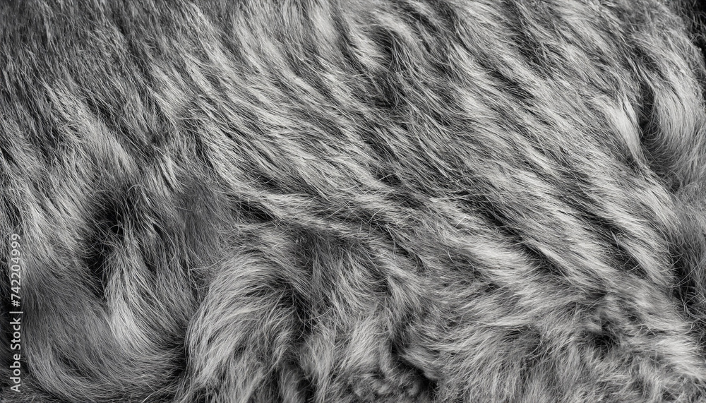 Black and white animal wool texture background, grey natural mink wool, close-up texture of plush dark fur - obrazy, fototapety, plakaty 