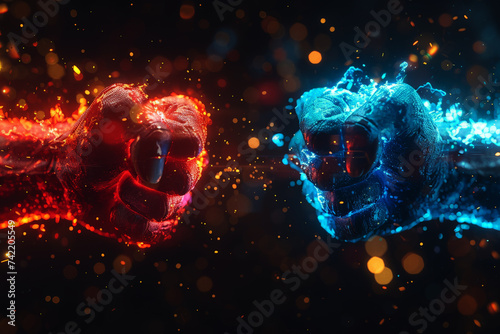 red and blue neon light .Two male hands in boxing. business market race concept , Generative AI