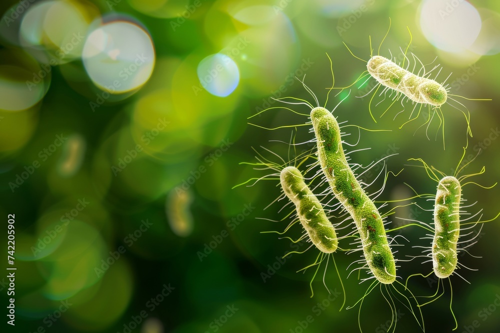 Naklejka premium Macro Close-up Group of Germs and Bacteria in Water Disease Medical concept background. Generative AI
