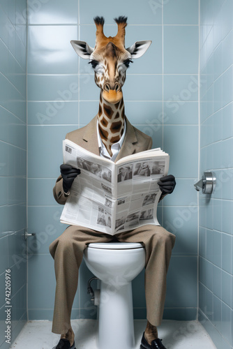 Humorous image of a giraffe dressed in business attire, reading a newspaper while seated on a toilet in a blue-tiled restroom