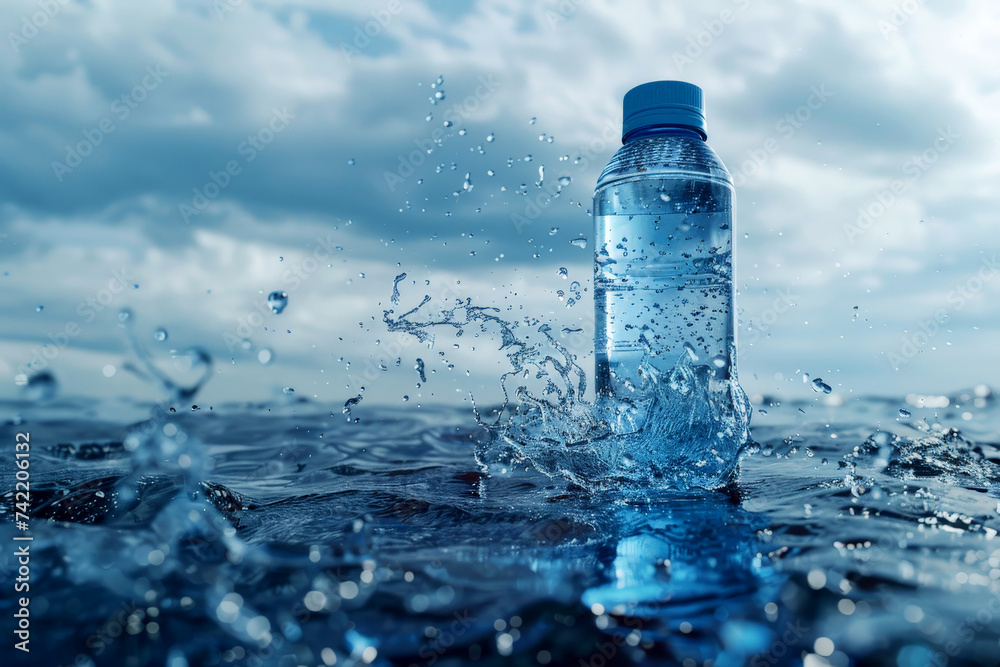 Mineral Water Bottle splash on surface ocean.AI generative