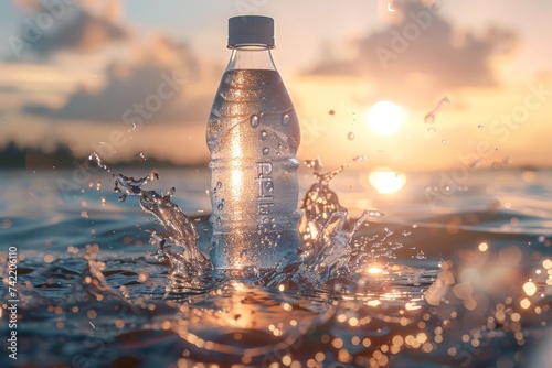 Mineral Water Bottle splash on surface ocean.AI generative
