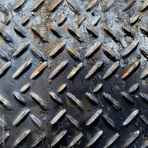 Detailed view of a weathered diamond plate with rust and patina, showcasing industrial wear and tear.