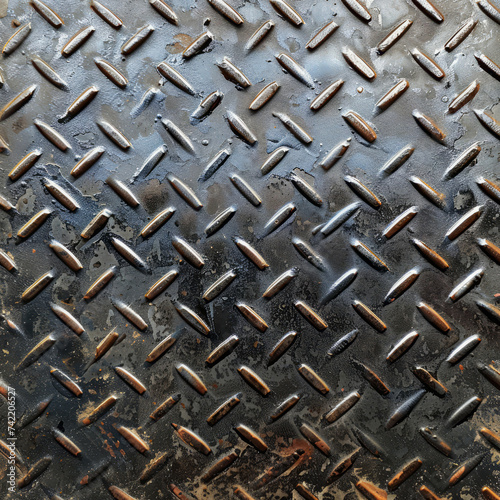 Detailed view of a weathered diamond plate with rust and patina, showcasing industrial wear and tear.