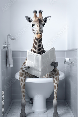 Humorous image of a giraffe dressed in business attire, reading a newspaper while seated on a toilet in a grey-tiled restroom