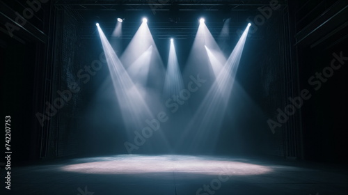 Artistic performances stage light background with spotlight illuminated the stage. Empty podium, smoke