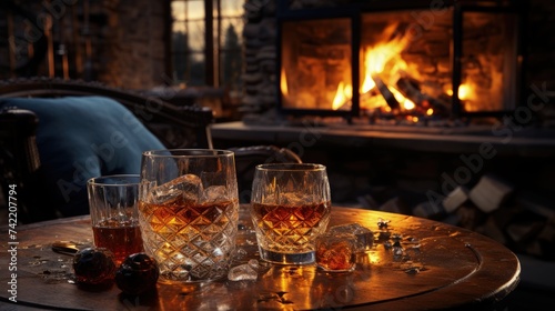 A cozy fireplace setting with a glass of brandy