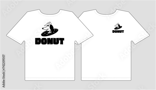 ドーナツショップのTシャツをイメージしたイラストレーションです。ドーナツと犬のキャラクターがポップな印象です。