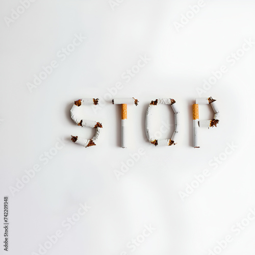 Illustration of the word stop from a cigarette depicting quitting smoking on a white background