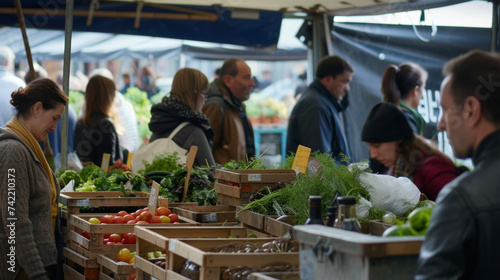 A busy market stall filled with crates of fresh produce from a rooftop farm with proud farmers selling their goods and sharing their sustainable farming ods.