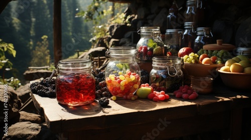 A rustic scene with homemade fruit infusions