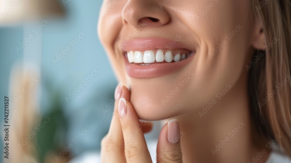 A Caucasian woman's beautiful teeth are shown in a close-up as she touches her chin with her hand A Caucasian woman's beautiful teeth are shown in a close-up as she touches her chin with her hand