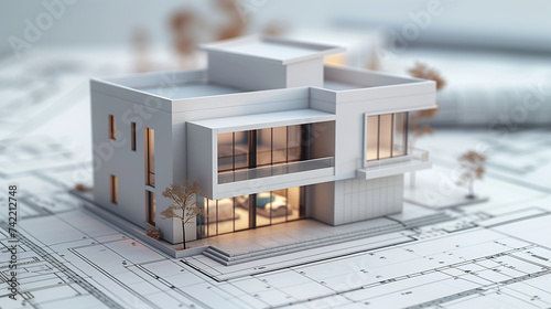 Modern House Model on Blueprint