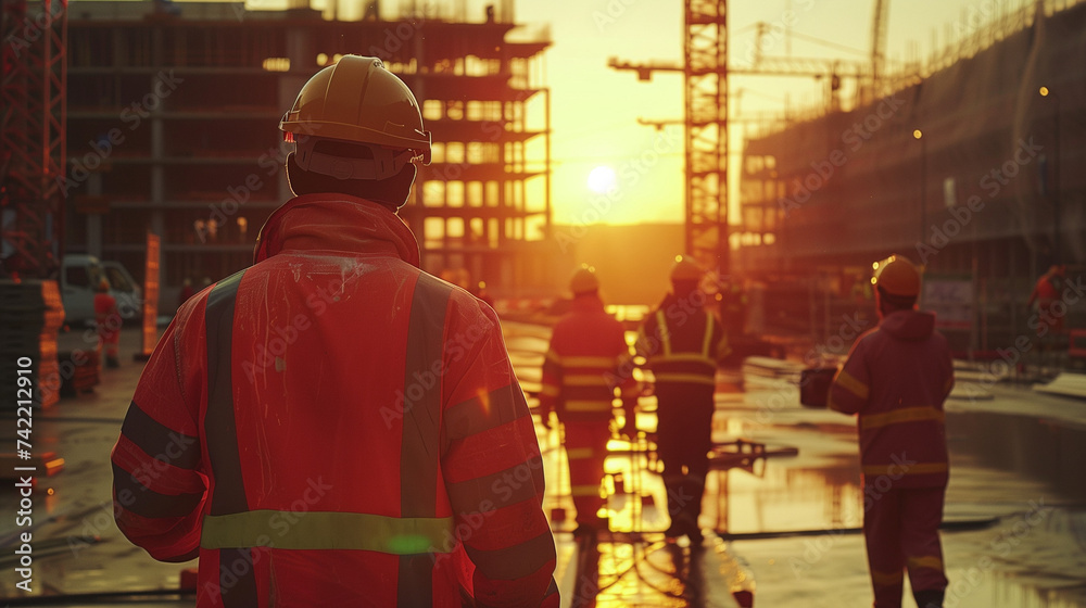 Construction Workers Leaving Site at Dusk