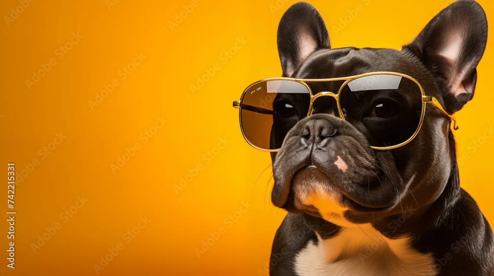 Black Bulldog Wearing Sunglasses Isolated on Yellow Background with Copy Text Space. Generative AI