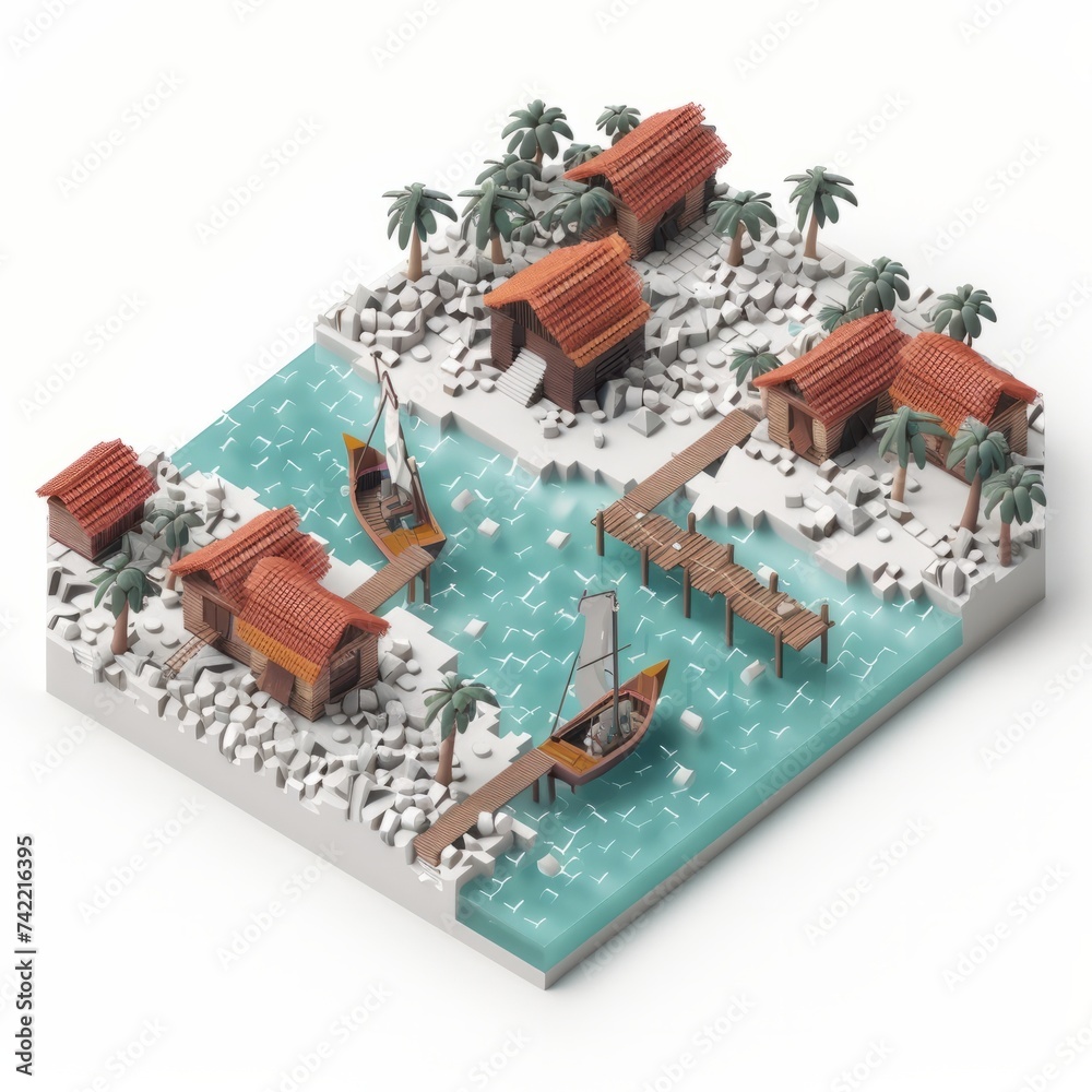 Small-scale Island Fishing Village, on isolated white background, Generative AI