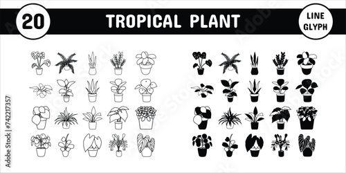 Tropical Line Glyph Plant Vector Illustration Icon Sticker Set Design Materials