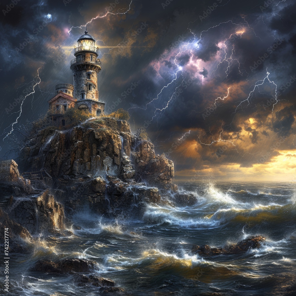 Fantasy Lighthouse with Thunderstorm and Tidal Waves
