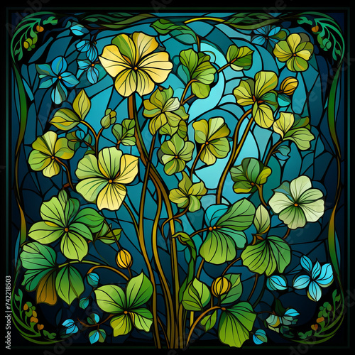 Stained Glass Style Illustration with Blooming Yellow Flowers