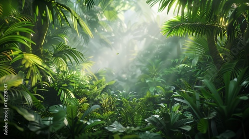 A serene jungle scene with sunlight piercing through the thick canopy  highlighting the lush greenery and diverse plant life.