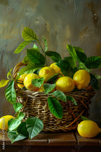 Ripe lemons with vibrant green leaves in a rustic basket, against a moody backdrop