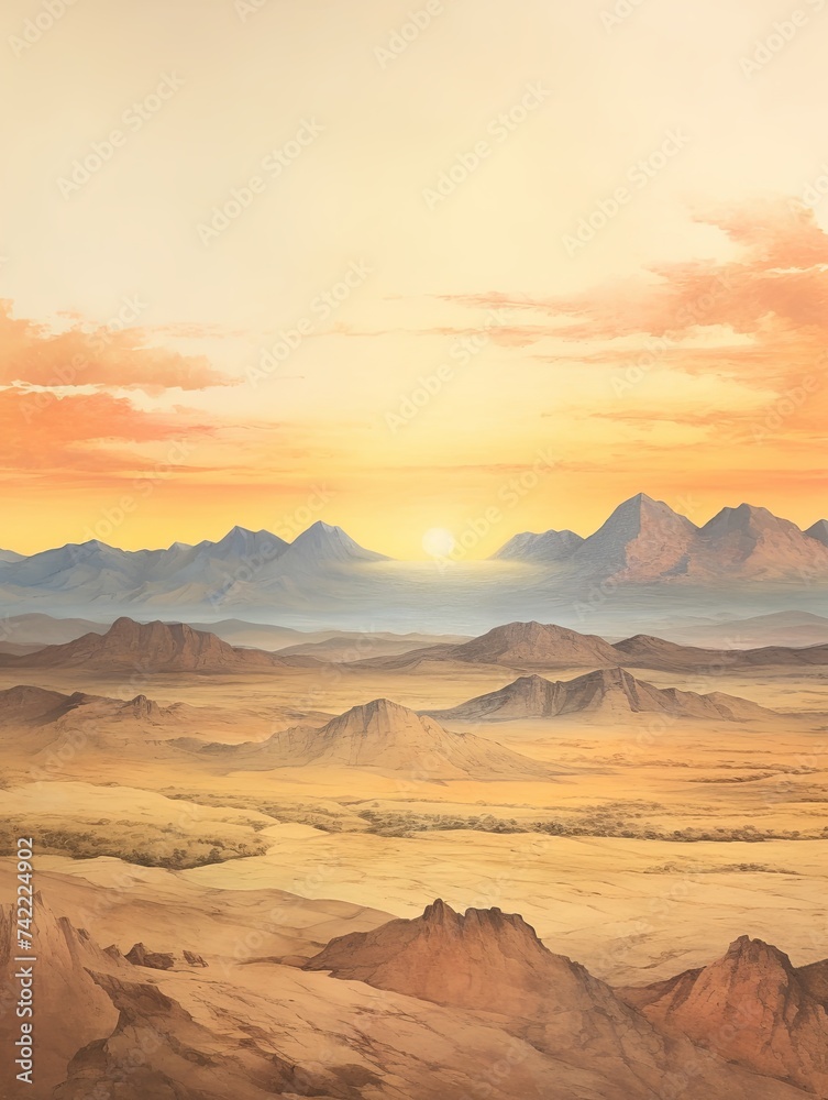 Vintage Sunset Painting: Golden Egyptian Pyramids Panoramic Landscape Print