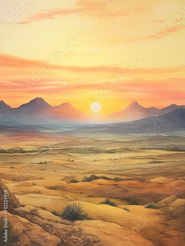 Golden Egyptian Pyramids Sunset Panoramic Landscape Print - Vintage Painting