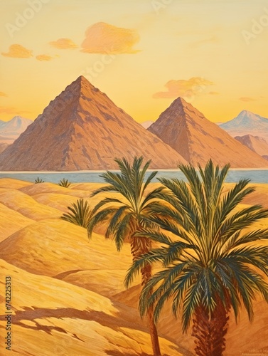 Golden Egyptian Desert Pyramids - Vintage Art Print of Modern Landscape with Pyramid Shadows