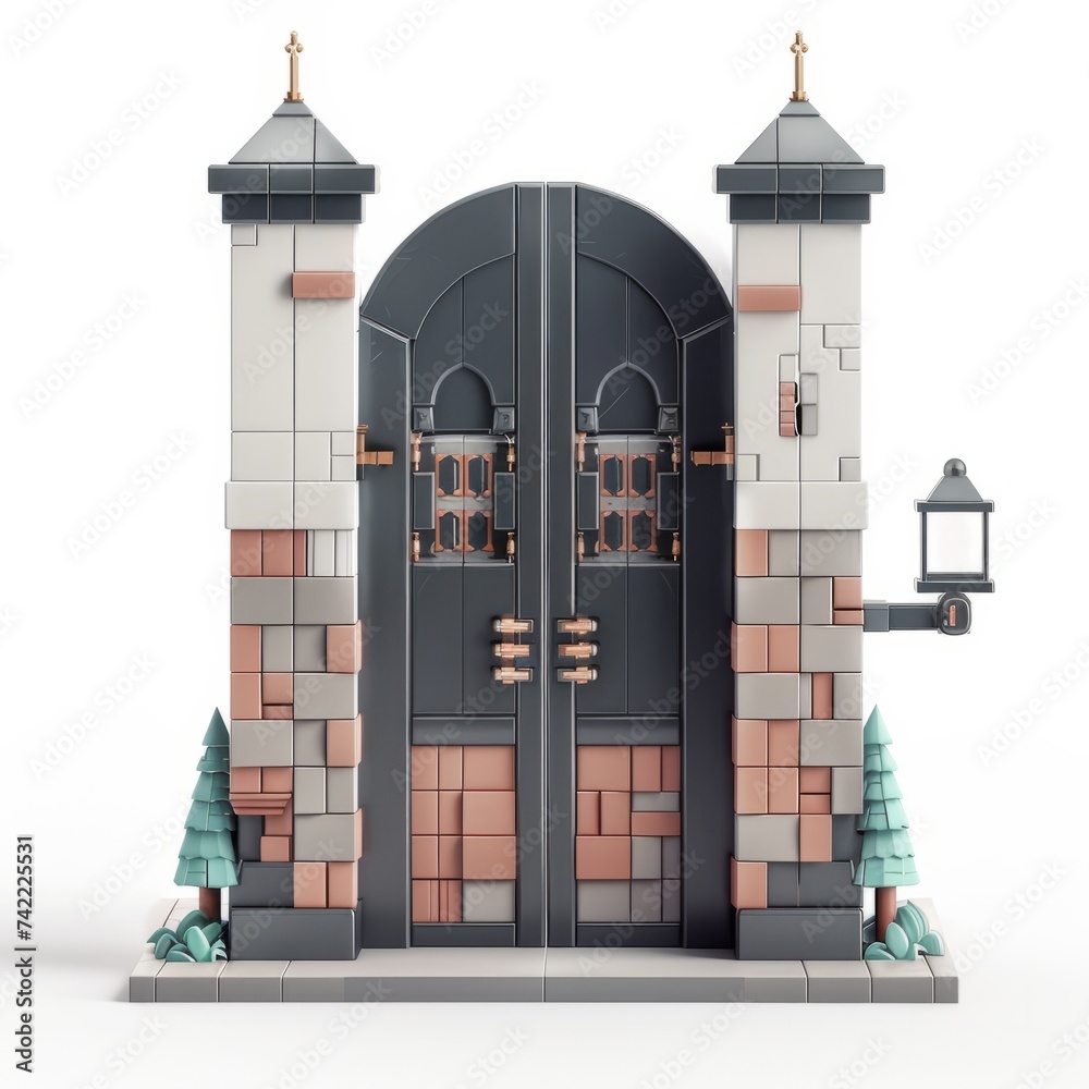 Fototapeta premium Miniature Medieval Castle Gate, on isolated white background, Generative AI