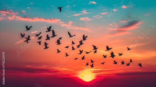 Flock of birds takes flight silhouetted against a striking sunset sky, painted with hues of orange, red, and pink.