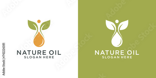 Natural oil logo template. olive oil logo template. combination of leaves, oil and human aimbol for natural health oil logo