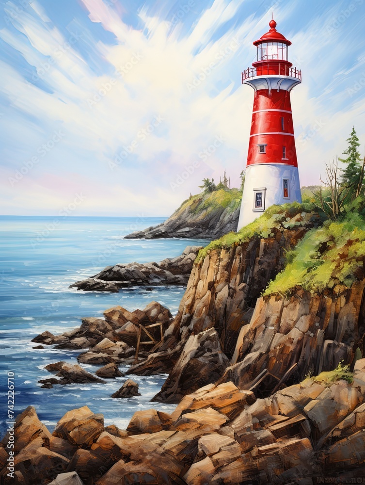 Majestic Shoreline Lighthouse: A Tranquil Beach Scene Painting Evoking Sea Safety
