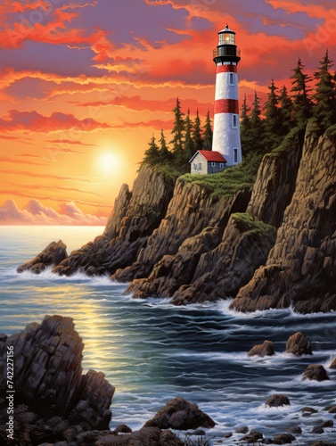 Secluded Beacon: Majestic Cliffside Lighthouses Island Artwork