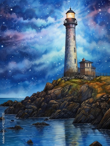 Starry Celestial Night: Majestic Cliffside Lighthouses Artwork