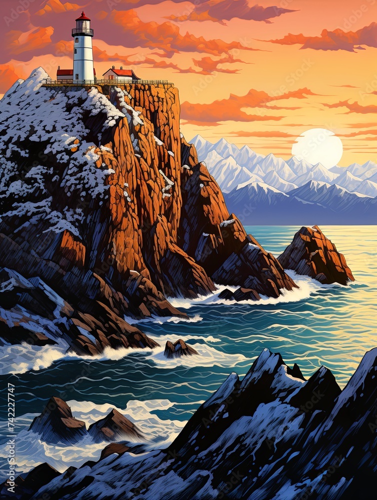 Elevated Snow-capped Cliffside Lighthouses Print: Majestic Lighthouse Amid Peaks