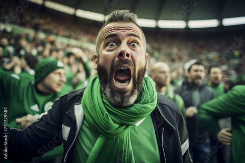 Close-Up View Surprised old male Soccer fans with green colors