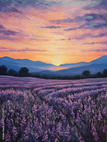 Sunset Serenity: Lavender Farm Vintage Painting, Twilight Landscape Nature Artwork