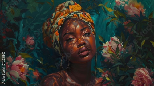 An oil painting in a romantic style featuring a glowing black woman wearing a headwrap against a backdrop of a secret garden