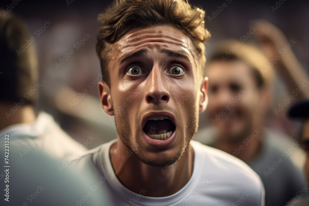 Close-Up View Surprised old male Soccer fans with white colors