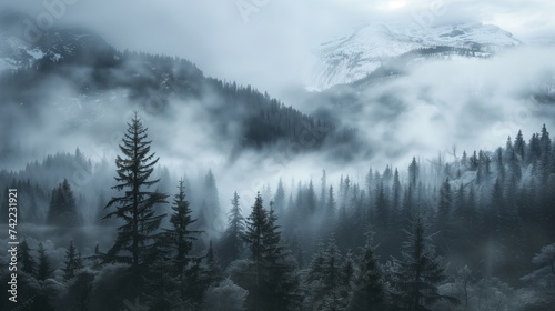 The early morning fog wraps around a lush mountain valley, creating a serene and mystical landscape as the dawn breaks.