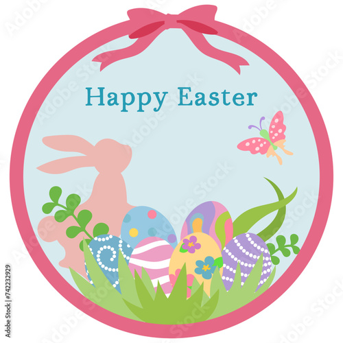 草むらに隠したカラフルなイースターエッグとイースターバニーにリボンをかけた円形イラスト