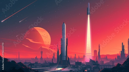 Space travel launch urban city backdrop sleek minimalist rocket design photo