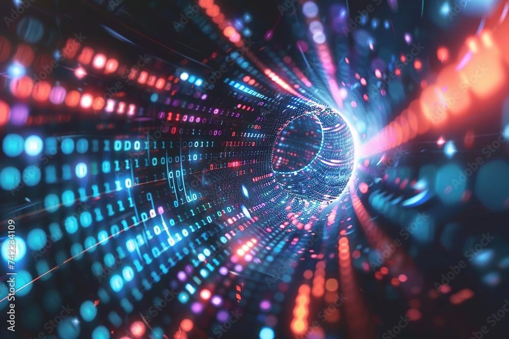 Fototapeta premium Beautiful blue binary tunnel circle, concept, computer, code or network. Futuristic Background