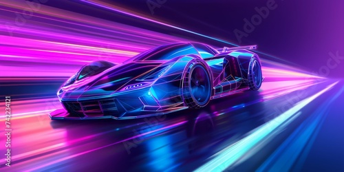 Cyberpunk race super cars with geometric neon designs holographic finish line photo