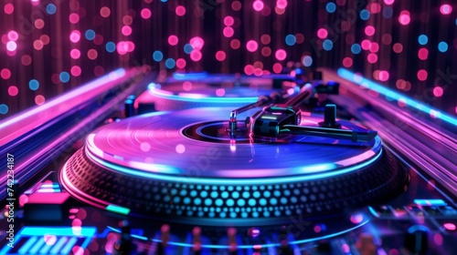 Disco technology fusion neon lights digital turntables futuristic party photo