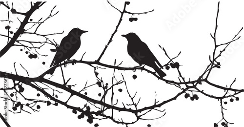 Two Silhouette birds on a tree branch on white background