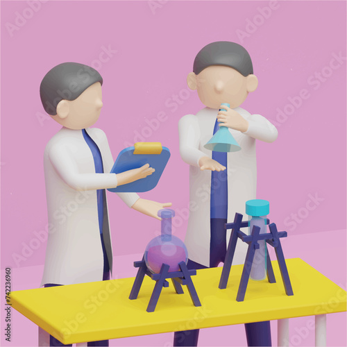 Concept of experiment in chemistry laboratory. Realistic 3d object cartoon style.