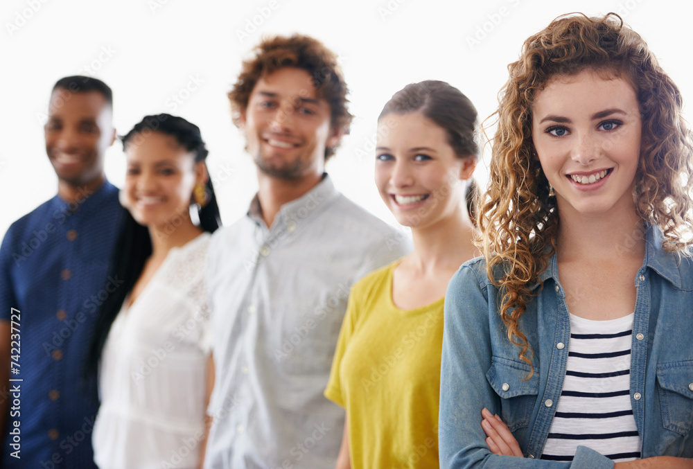 Happy, portrait and team of business people in studio with collaboration, diversity or unity. Smile, pride and group of young employees with positive, good and confident attitude by white background. Happy, portrait and team of business people in studio with collaboration, diversity or unity. Smile, pride and group of young employees with positive, good and confident attitude by white background.