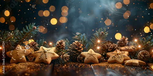 Border with ginger star shape cookies Christmas décor items on wooden table and merry Christmas background with broken lights and Christmas tree 